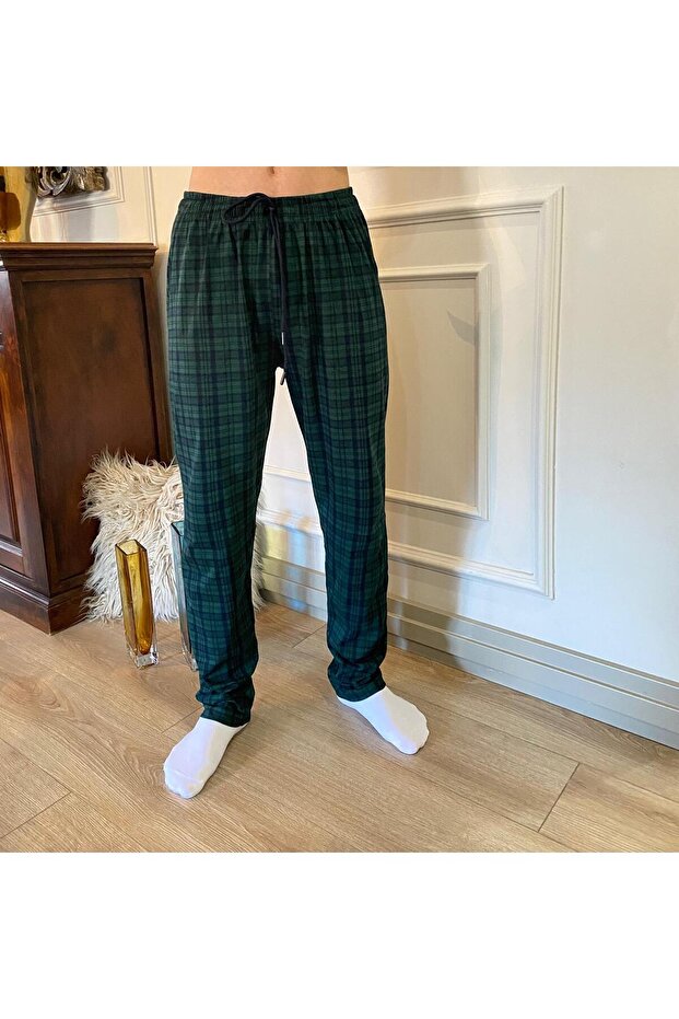 Green Square Patterned Plaid Printed 100% Cotton Pocketed Waist-Tie Pajamas & Sweatpants (Ultra Quality)
