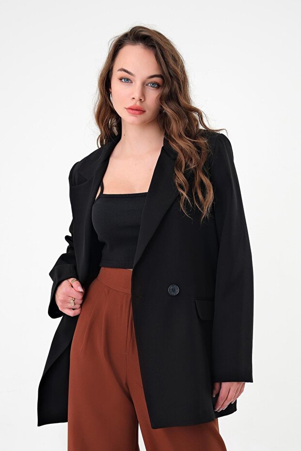 Black Double Button Blazer Jacket - 1