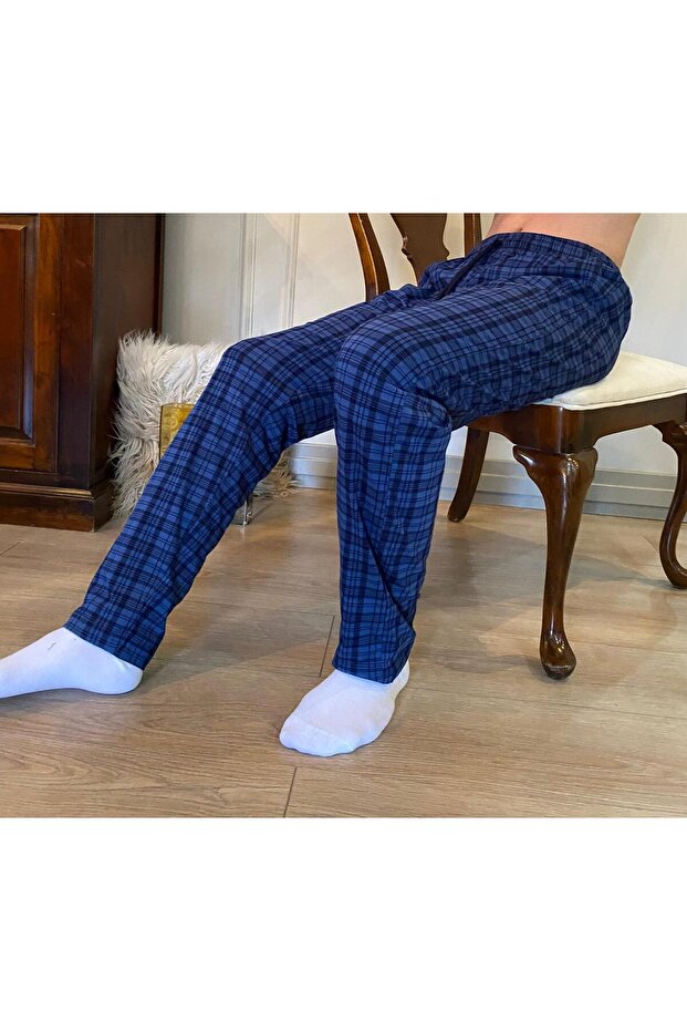 Indigo Square Patterned Plaid Printed 100% Cotton Pocketed Waist-Tied Pajama&Track Pants-Ultra Quality