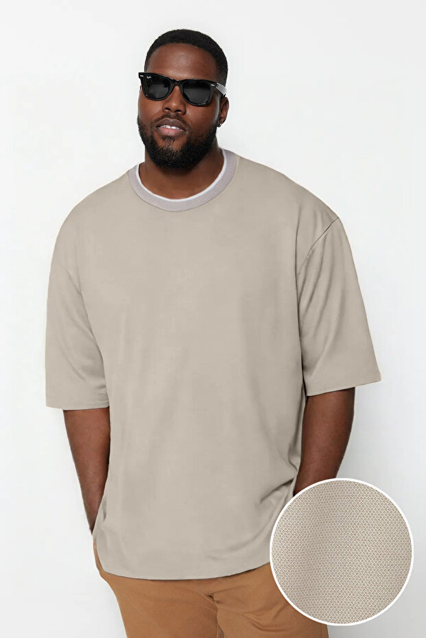 Büyük Beden Taş Oversize/Geniş Kesim Triko Bantlı Dokulu Pike T-Shirt TMNSS25BF00021 - 1