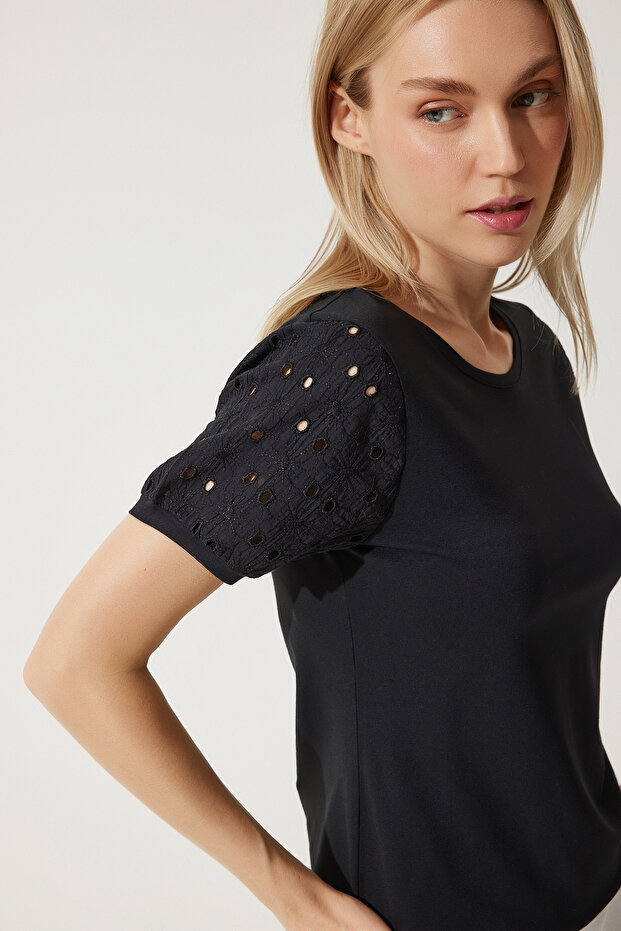 Women's Black Guipure Sleeve Cotton Basic Knitted T-Shirt VF00001