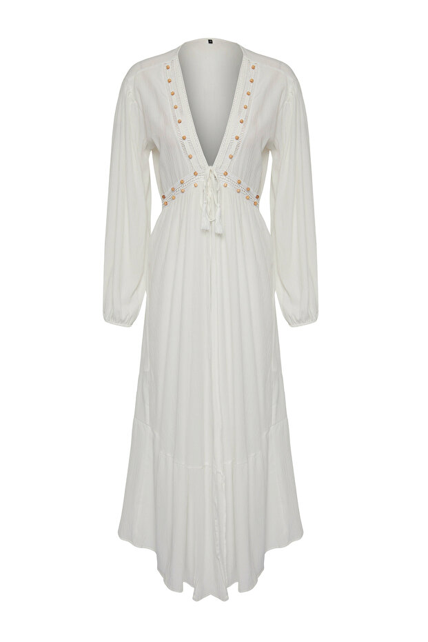 Ekru Dokuma Şeritli Maxi Plaj Kimono&Kaftan TBESS25KM00011 - 7