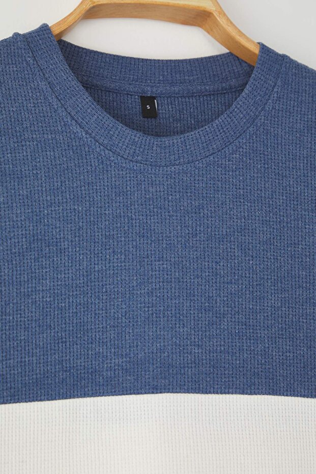 Indigo Oversize/Geniş Kesim Renk Bloklu Dokulu T-Shirt TMNSS25TS00065 - 7