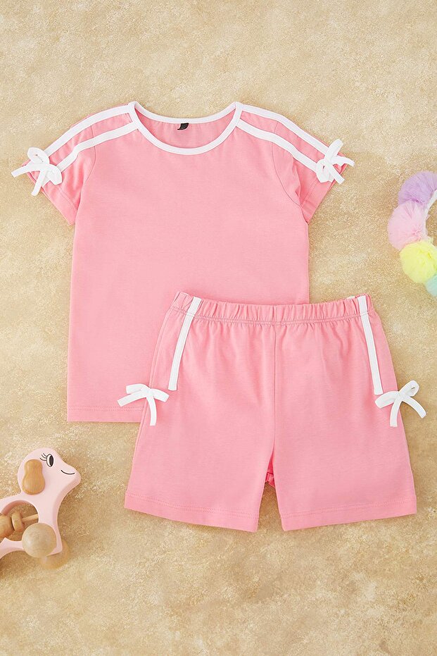 Pembe Kız Çocuk %100 Pamuk Kurdele Detaylı Kısa Kol Örme Pijama Takımı TKDSS25PT00038 - 2