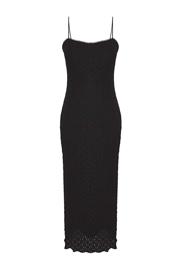 Siyah Dantel Bodycone/Vücuda Oturan Askılı Midi Örme Elbise TWOSS25EL00533 - 9