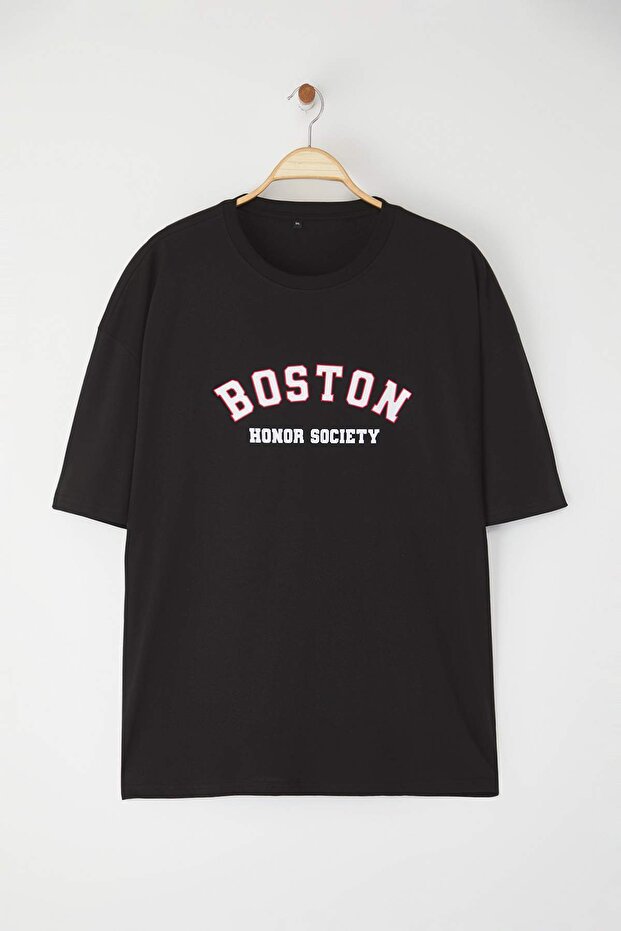 Büyük Beden Siyah Oversize/Geniş Kesim Şehir Baskılı %100 Pamuklu T-Shirt TMNSS23TS00135 - 4
