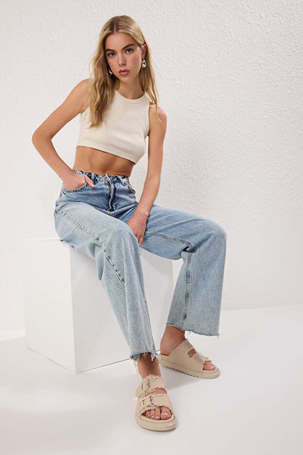 Ecru Denim Klamra z frędzlami i podwójnym paskiem Damskie kapcie TAKSS25TE00038 - 2