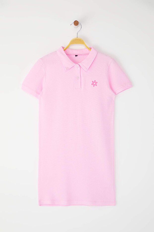 Pembe Kız Çocuk %100 Pamuk Çiçek Nakışlı Polo Yaka kısa Örme Elbise TKDSS25EL00085 - 2