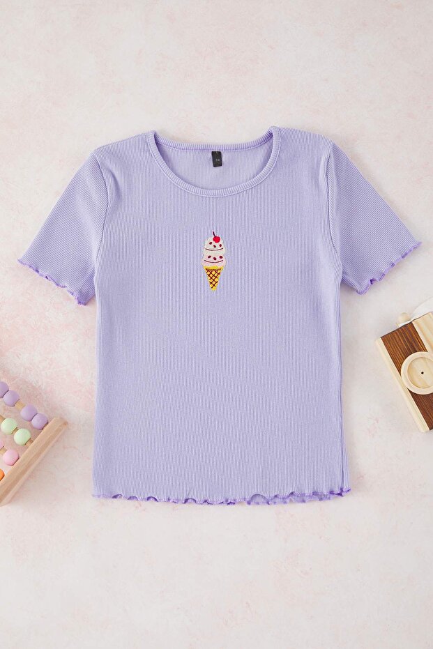 Lila-Sarı Nakışlı / İşlemeli Kız Çocuk Örme T-Shirt TKDSS25TS00027 - 7