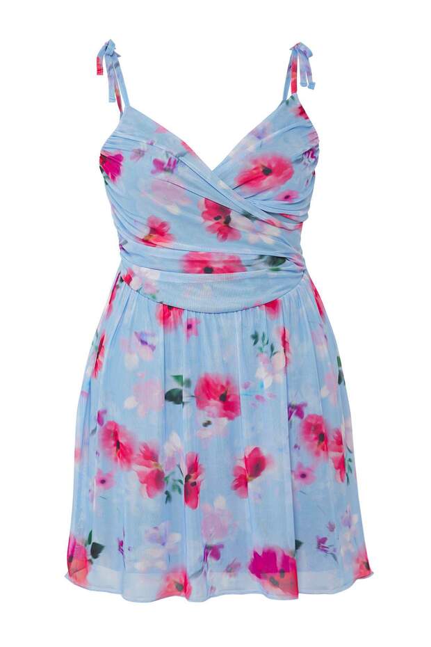 Çok Renkli Kruvaze Yaka Çiçek Desenli Tül Skater Mini Örme Büyük Beden Elbise TBBSS25AH00193 - 5