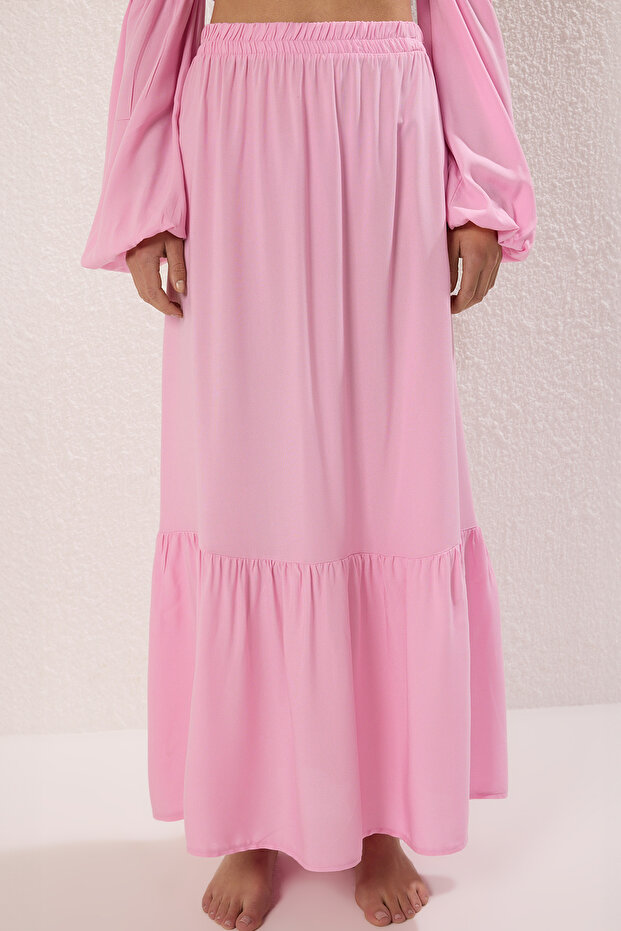 Pembe Dokuma Gipeli Maxi Plaj Yüksek Bel Bluz-Etek Takım TBESS25AU00082 - 3