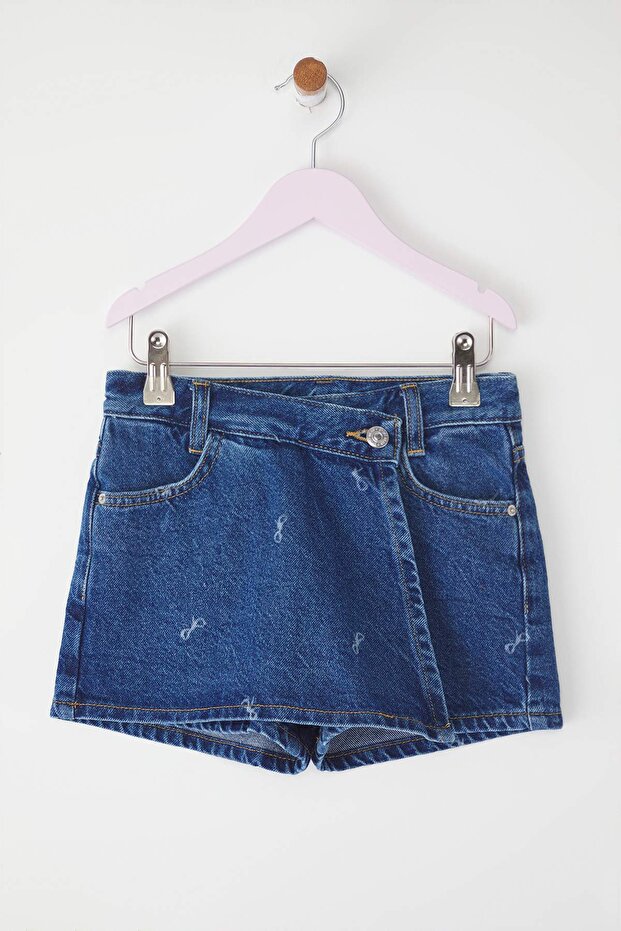 Mavi Kız Çocuk %100 Pamuk Kurdele Baskılı Denim Şort Etek TKDSS25ET00007 - 1
