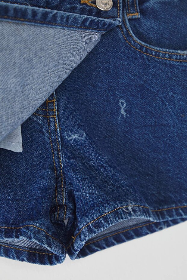 Mavi Kız Çocuk %100 Pamuk Kurdele Baskılı Denim Şort Etek TKDSS25ET00007 - 3