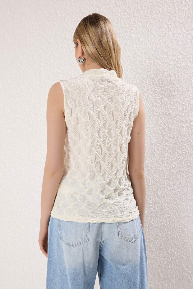 Ekru Dokulu Regular/Normal Kalıp Esnek Örme Bluz TWOSS25BZ00268 - 4
