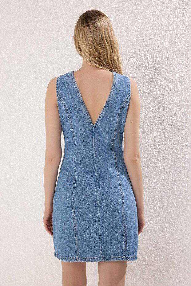 Mavi V Yaka Mini Denim Elbise TWOSS25EL00151 - 4