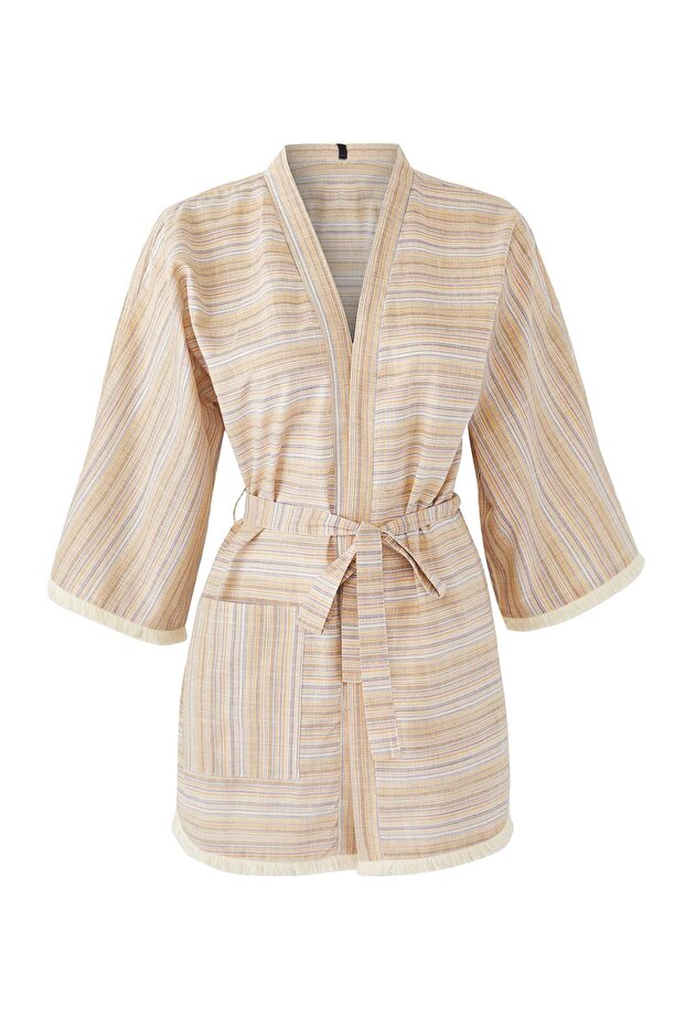Çizgili Dokuma Püskül Plaj Mini Kuşaklı Kimono&Kaftan TBESS25KM00033 - 5