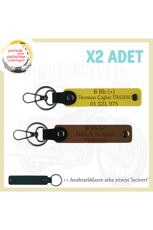 Motorcycle Enthusiasts, X2 Keychain with Name Plate and B Rh (+) Blood Type Lettering, Coffee-Yellow-Navy