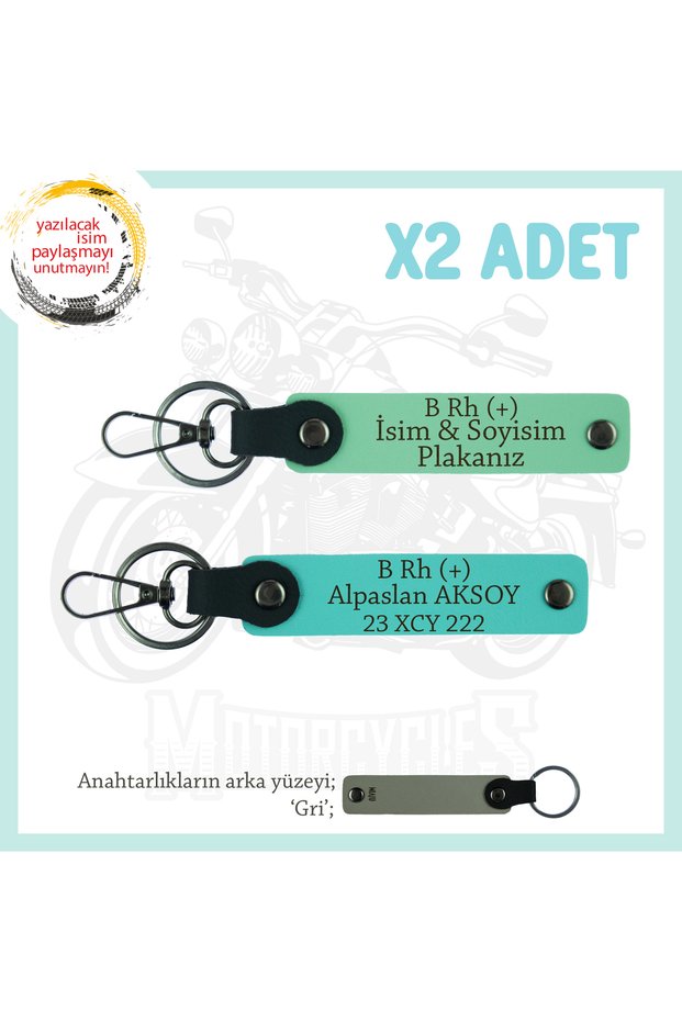 Name Plate and B Rh (+) Blood Group Written X2 Keychain Set, Green-Turquoise-Gr, Special for Motor Lovers