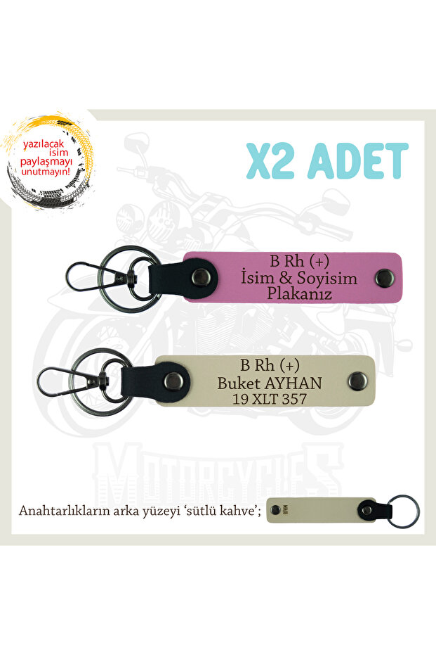 Name Plate and B Rh (+) Blood Group Written Leather X2 Keychain, Pink-S Coffee-Sk, Custom for Biker Friends