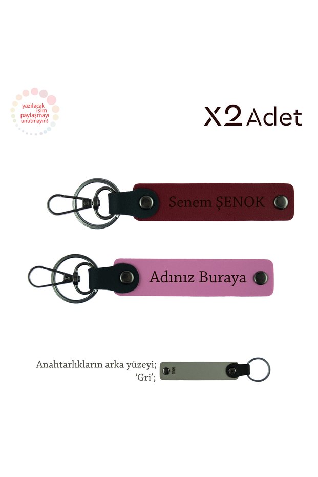 Romantic Gesture to Neighbor, Set of 2 Keychains with Name and Surname Written, Pink-Claret Red-Grey