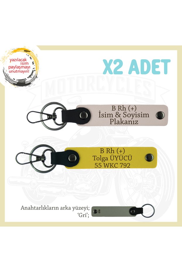 Special for Biker Friends, Name Plate and B Rh (+) Blood Group, Gift Leather X2 Keychain, Powder-Yellow-Gr