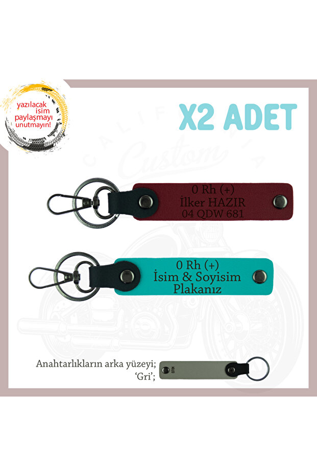 Biker Passengers Nameplate and 0 Rh (+) Blood Group Safe Driving Keychain X2, K Turquoise-Burgundy-Gr