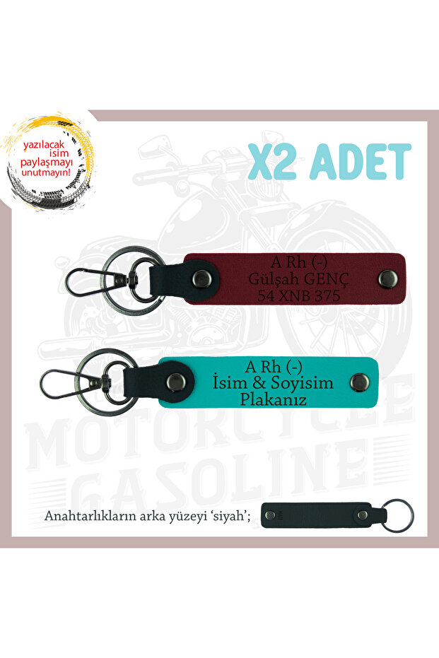 Name Plate and a Rh (-) Blood Group Written 2 Keychain Set, K Turquoise-Burgundy-Syh, Biker Passengers