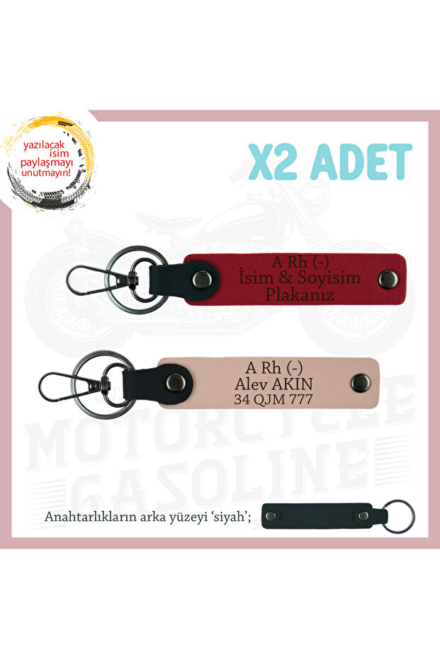 Name Plate and a Rh (-) Blood Group Written Leather X2 Keychain, Yavruağzı-Red-Syh, Special for Fathers