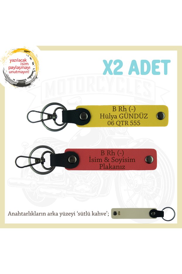 For Bikers, Gift Leather X2 Keychain with Nameplate and B Rh (-) Blood Type Lettering, Pomegranate Flower-Yellow-Sk