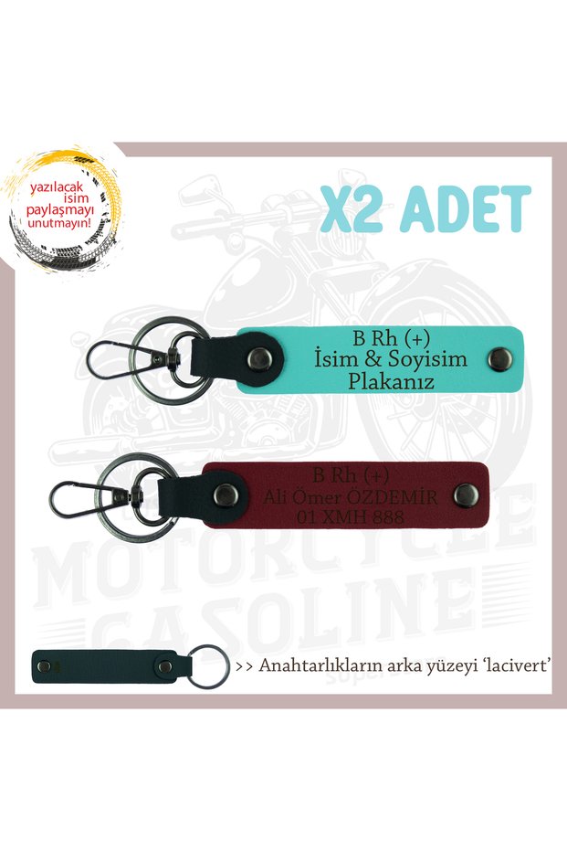 Special for Motor Enthusiasts, Set of 2 Keychains with Name Plate and B Rh (+) Blood Group Lettering, Turquoise-Burgundy-Navy