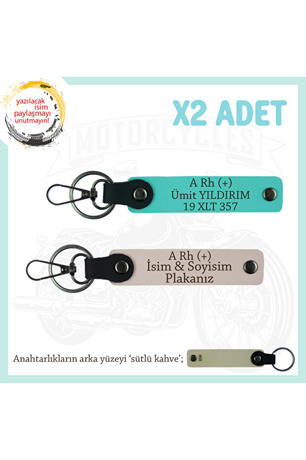 Name Plate and a Rh (+) Blood Group Written Leather X2 Keychain, Powder-Turquoise-Sk, Custom for Biker Passengers
