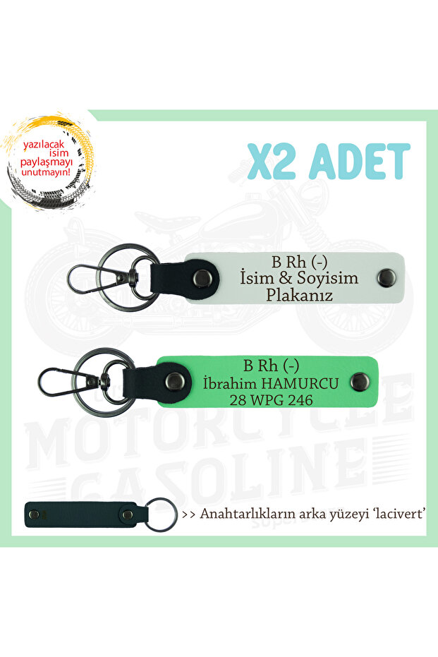 Name Plate & B Rh- Blood Group Written Emergency Keychain, White-F Green-Navy, Biker Friends