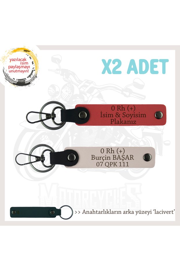 For Motor Enthusiasts, Set of 2 Keychains with Name Plate and 0 Rh (+) Blood Type, Pomegranate Flower-Powder-Marine