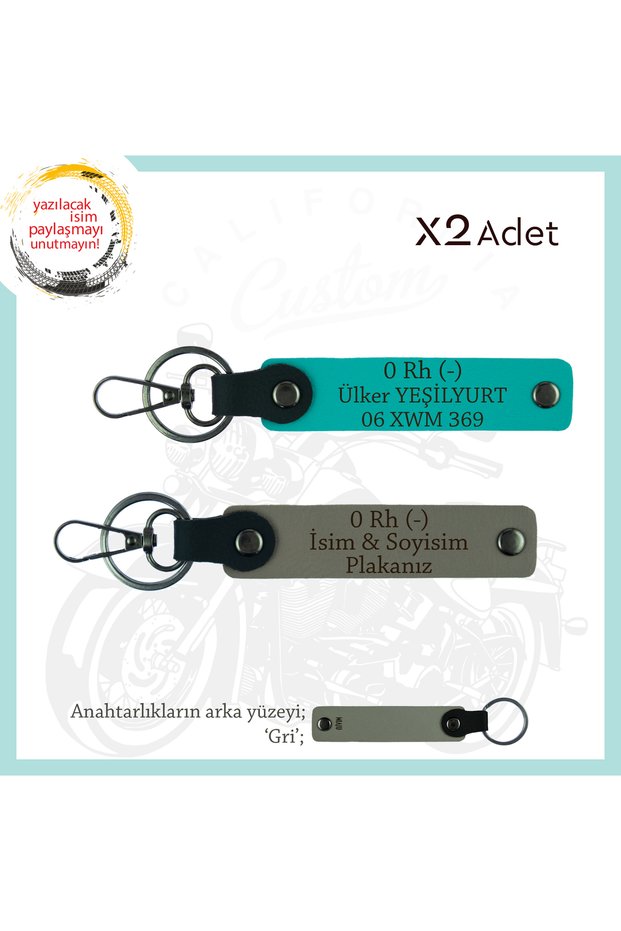 0 - Special Production X2 Keychain with Blood Type Written, Ash Gray-K Turquoise-Gr, Name Plate for Motor Enthusiasts
