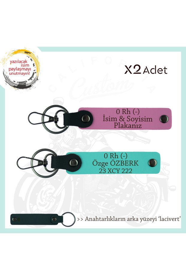 Exclusive for Adventure Lovers, X2 Keychain with Name Plate and 0 Rh (-) Blood Type, Pink-Turquoise-Navy