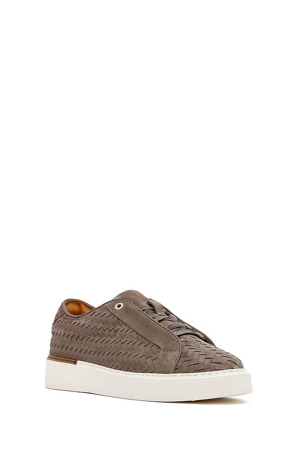 Erkek Vizon Bağcıklı Örgülü Kalın Tabanlı Deri Sneaker 25SFD795214 - 6