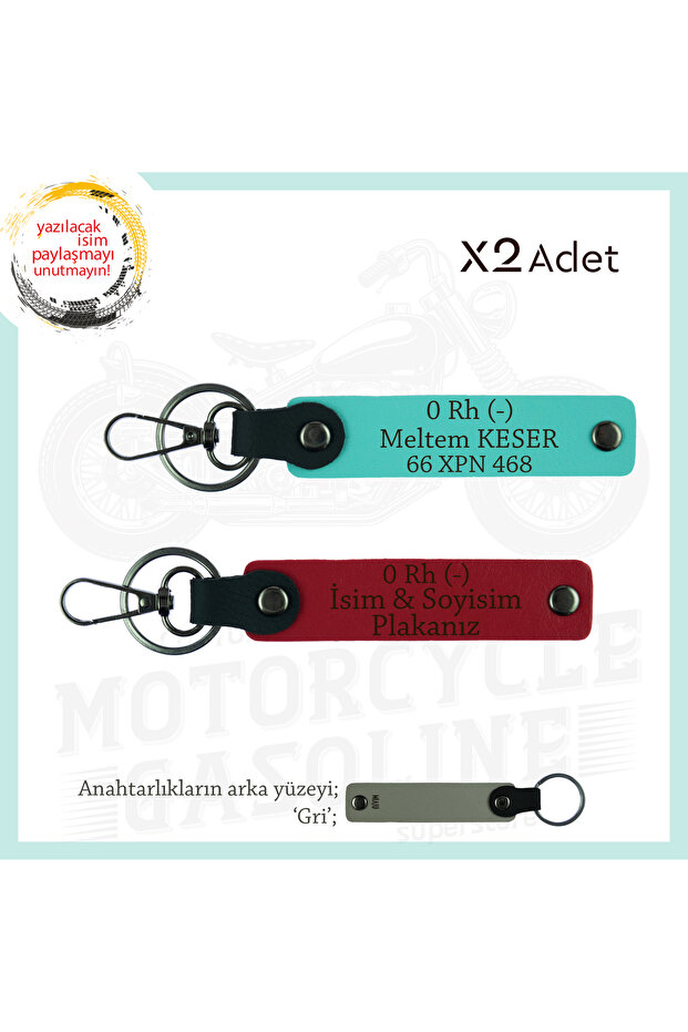 To Speed Lovers, 2-Piece Keychain Gift with Name Plate and 0 Rh (-) Blood Type, Red-Turquoise-Gr