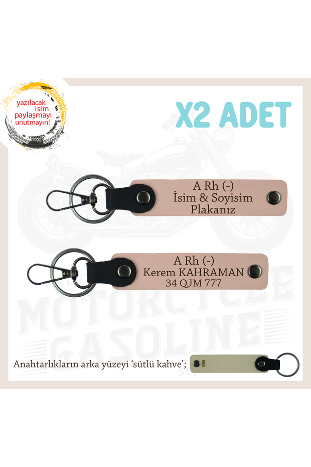 Birthday Gift, Leather X2 Keychain Set with Name Plate and a Rh (-) Blood Type Lettering, Yavruağzı-Sk