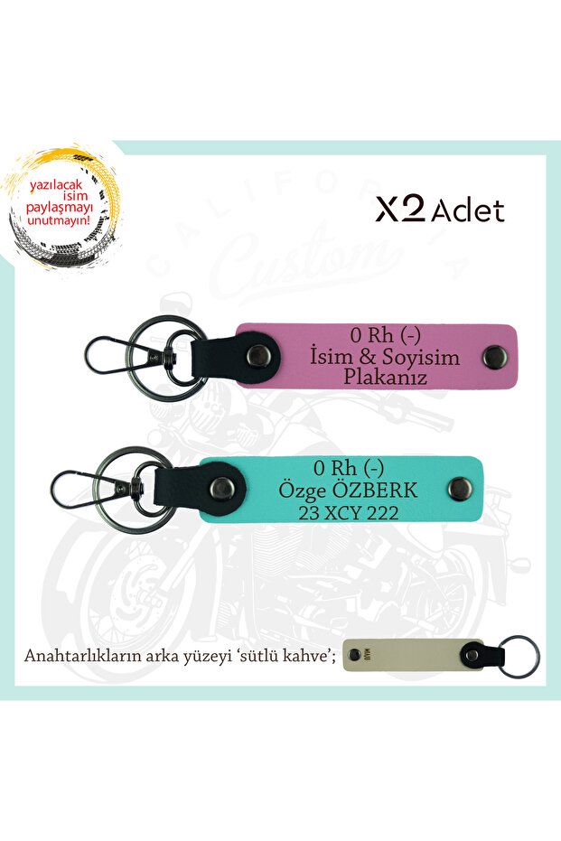 For Motorcycle Lovers, Pack 2 Keychains with Nameplate and 0 Rh (-) Blood Group, Pink-Turquoise-Sk