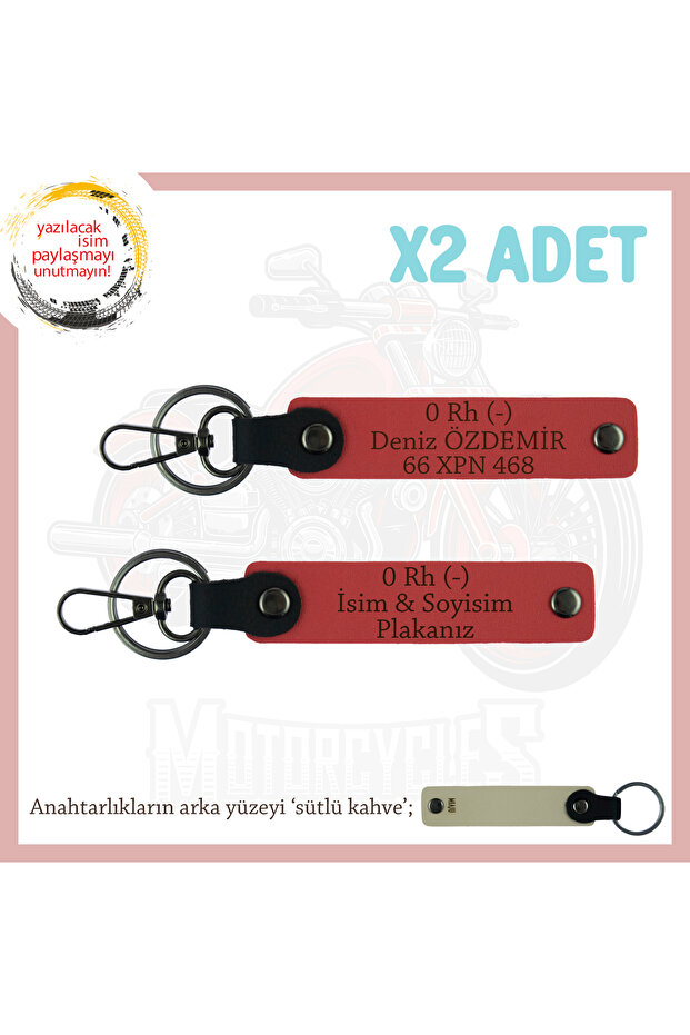 0 Rh (-) Blood Group Written Leather X2 Gift Keychain, Pomegranate Flower-Sk, Special Name Plate for Motor Lovers