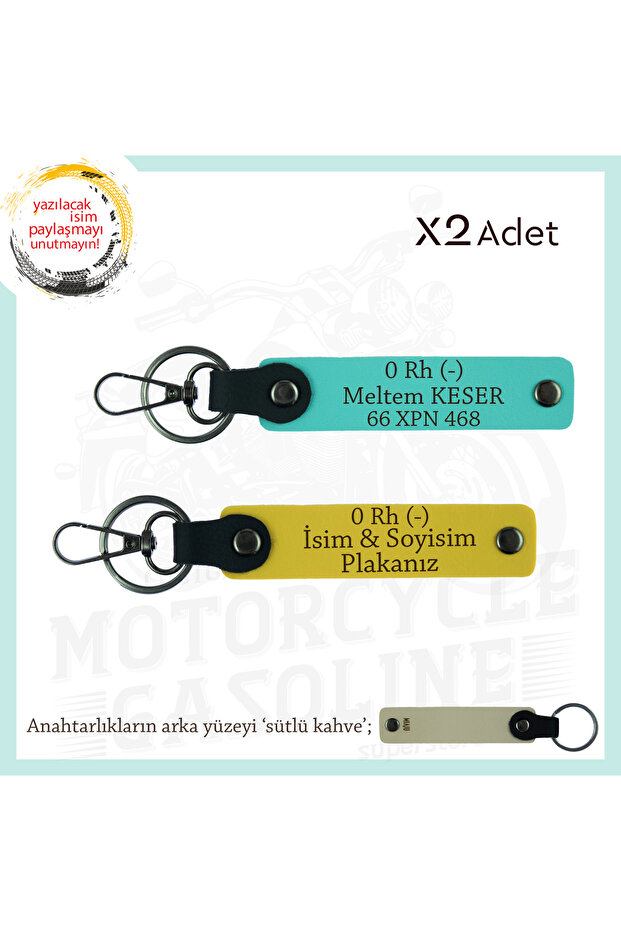 Custom Design X2 Keychain for Motor Lovers with Name Plate and 0 Rh (-) Blood Group, Yellow-Turquoise-Sk