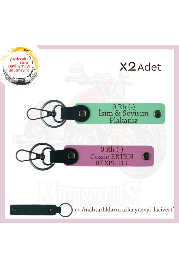 Name Plate and 0 Rh (-) Blood Group Written X2 Keychain Set Gift for Those with a Driver's License, Green-Pink-Navy