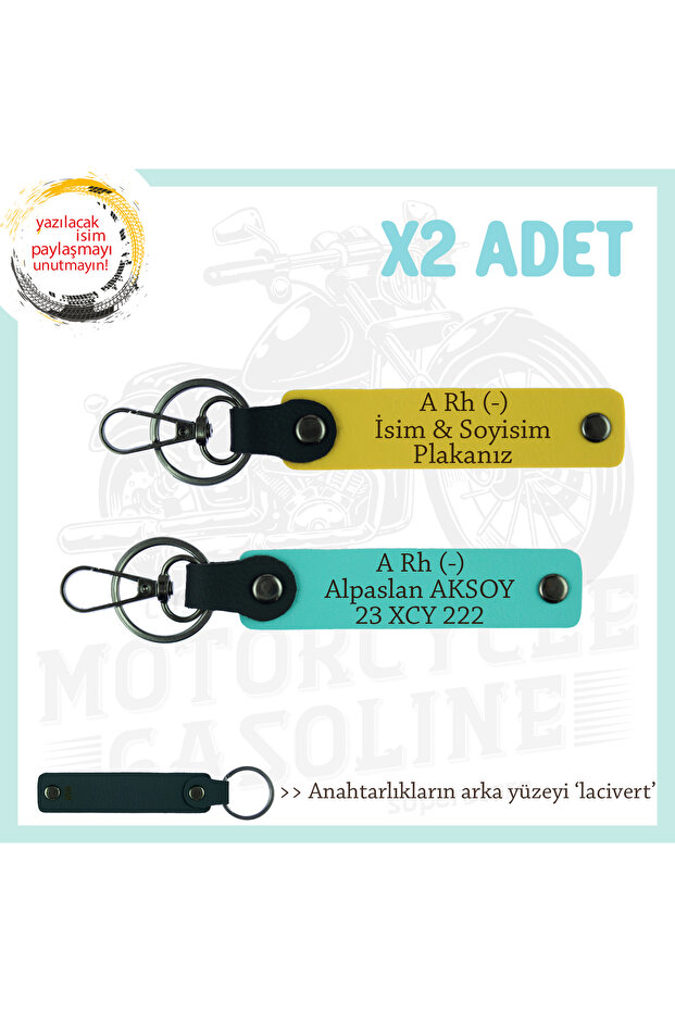 Special Design X2 Keychain, Yellow-Turquoise-Navy, for Motor Lovers, Name Plate and a Rh (-) Blood Group