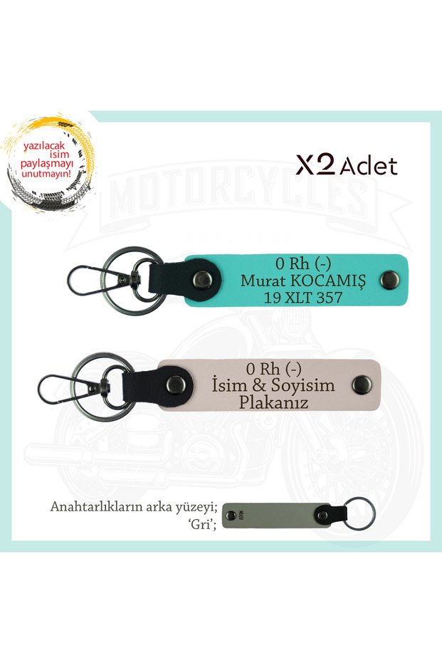 Exclusive for Biker Rider, Leather X2 Keychain with Name Plate and 0 Rh (-) Blood Type, Powder-Turquoise-Gr