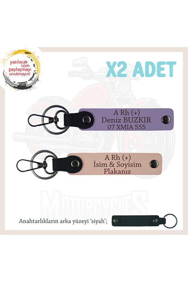 Motor Lover's Custom Name Plate and a Rh (+) Blood Group Written X2 Leather Keychain, Yavruağzı-Purple-Syh