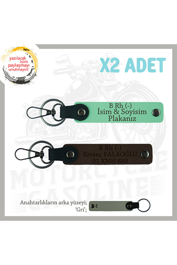 Name Plate and B Rh (-) Blood Group Written X2 Keychain, Green-K Coffee-Gr, Special for Motor Enthusiasts