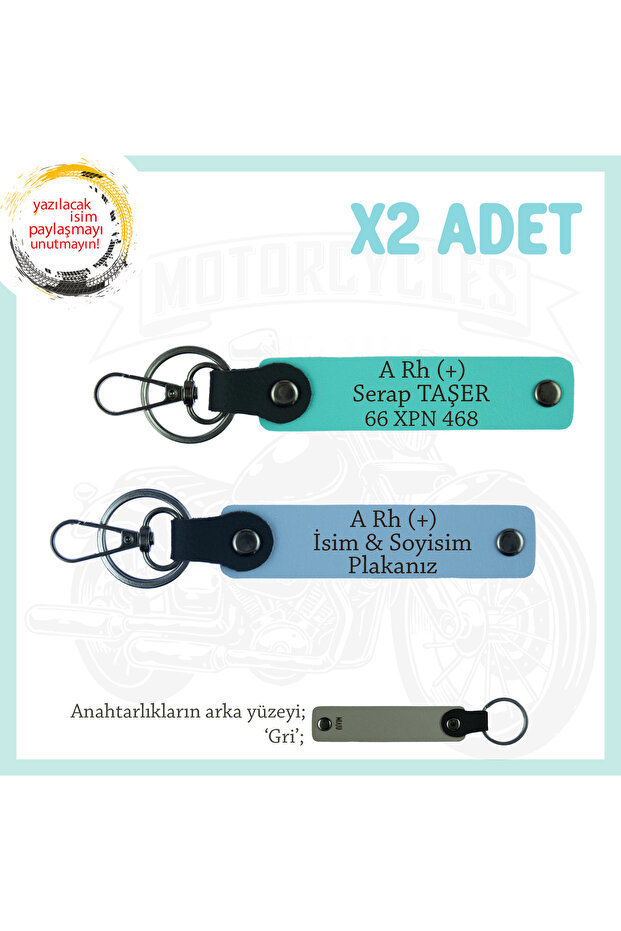 Motorcycle Lovers, Custom Design X2 Keychain with Name Plate and a + Blood Group Writing, Blue-Turquoise-Gr