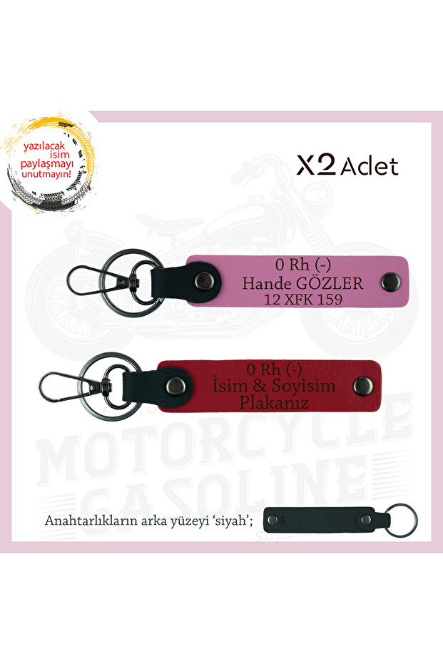 For Motorcycle Lovers, Pack 2 Keychains with Nameplate and 0 Rh (-) Blood Group, Red-Pink-Syh
