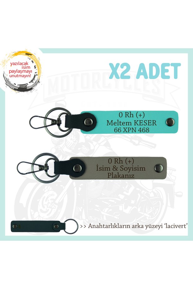 2-Piece Gift Keychain with Name Plate and 0 Rh (+) Blood Type Written, Ash Gray-Turquoise-Navy, Biker Style