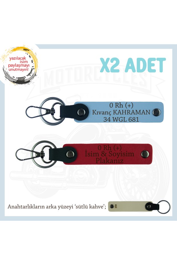 Meanings Motor X2 Keychain with Name Plate and 0+ Blood Type Lettering Custom for Biker Style, Red-Blue-Sk